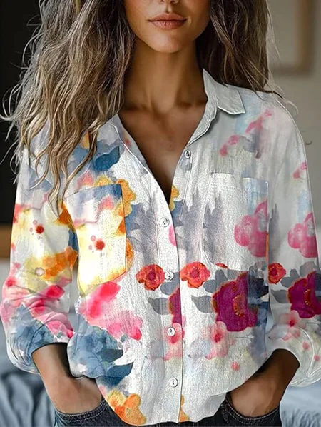 Shawl Collar Long Sleeve Floral Regular Micro-Elasticity Loose Shirt For Women