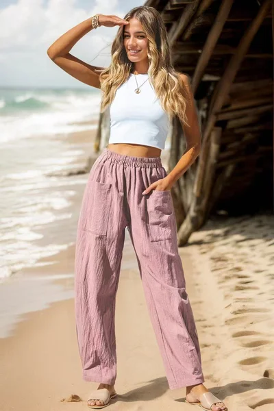 

Women Plain Long Pants Casual Spring/Fall Trousers, Pink, Pants