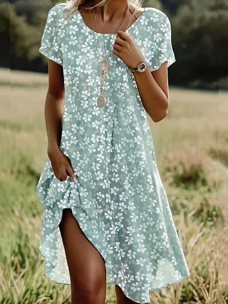 

Women Floral Summer Dress Crew Neck Short Sleeve Tunic H-Line Dress, Green, Dresses