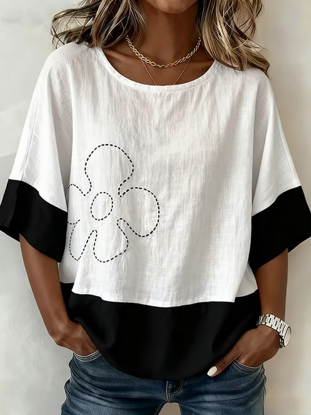 

Crew Neck Half Sleeve Floral Lightweight Loose Shirt For Women, Black-white, Blouses