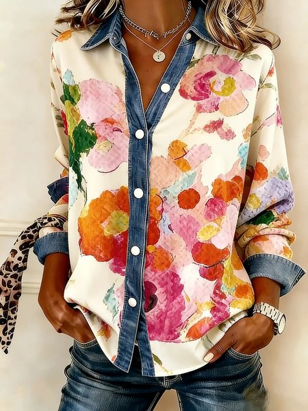 

Shirt Collar Long Sleeve Floral Regular Loose Shirt For Women, As picture, Shirts