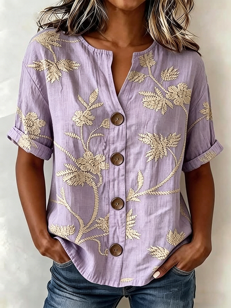 

Women Floral Stand Collar Long Sleeve Shirt Vintage Daily Spring/Fall Top, Light purple, Blouses