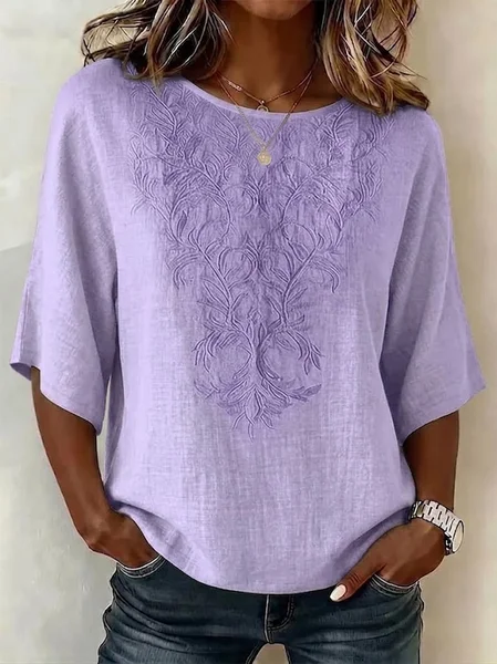 

Crew Neck Half Sleeve Plants Printing Regular Micro-Elasticity Regular Fit Blouse For Women, Purple, Blouses