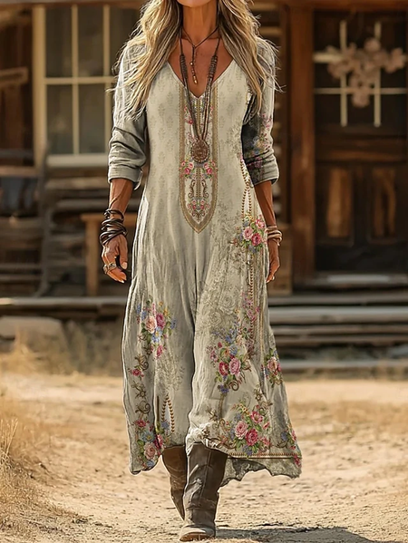 

Women Geometric Spring/Fall Dress V Neck Long Sleeve O-Line Dress, Apricot, Dresses