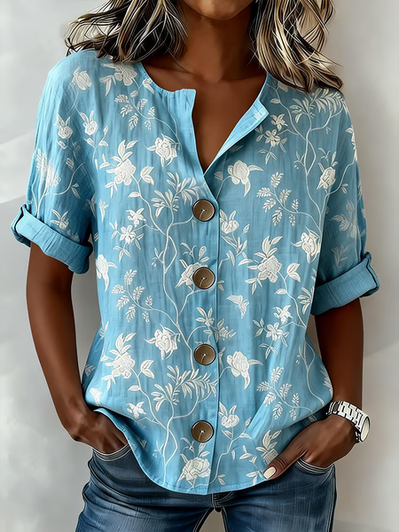 

Women Floral Stand Collar Long Sleeve Shirt Buckle Casual Daily Spring/Fall Top, Blue, Shirts