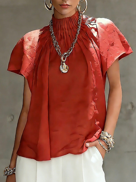 

Satin Urban Plain Stand Collar Blouse, Red, Blouses and Shirts