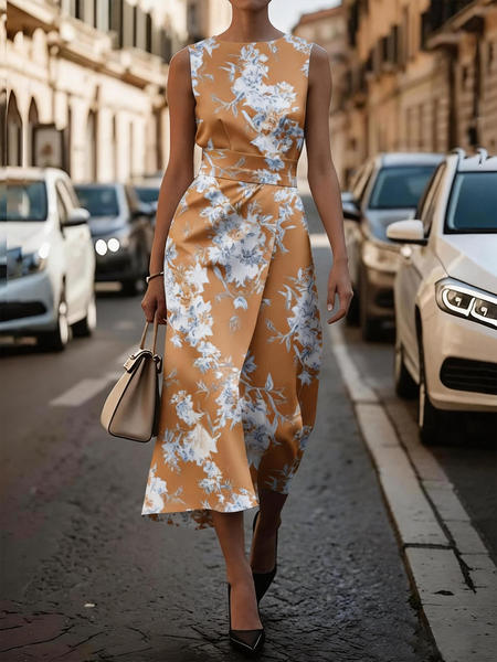 

Women Floral Summer Dress Sleeveless A-Line Dress, Light brown, Dresses