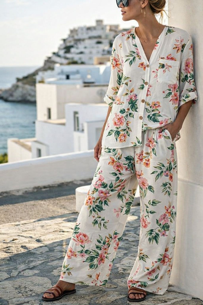 Women Tropical Two-Piece Set Daily Half Sleeve Vintage Summer Top With Pants Matching Set