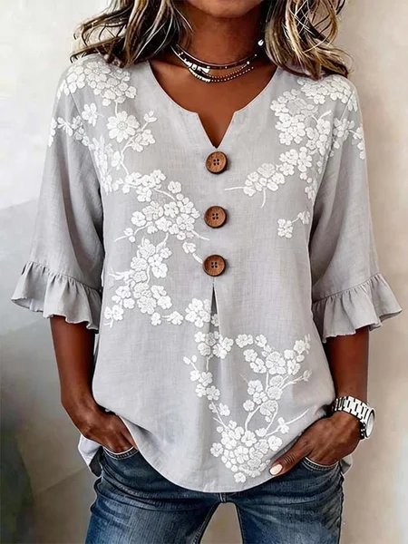 

V Neck Half Sleeve Floral Printing Regular Micro-Elasticity Regular Fit Blouse For Women, Light gray, Blouses