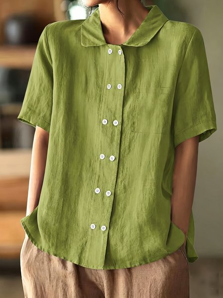 

Shawl Collar Short Sleeve Plain Regular Loose Shirt For Women, Green, Shirts