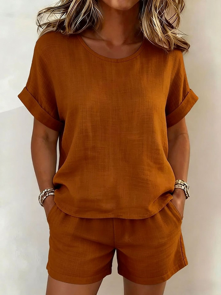 Women Plain Two-Piece Set Daily Short Sleeve Casual Summer Short Sets Matching Set