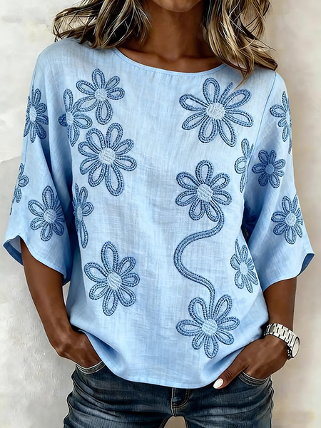 

Crew Neck Half Sleeve Floral Printing Regular Micro-Elasticity Regular Fit Blouse For Women, Blue, Blouses