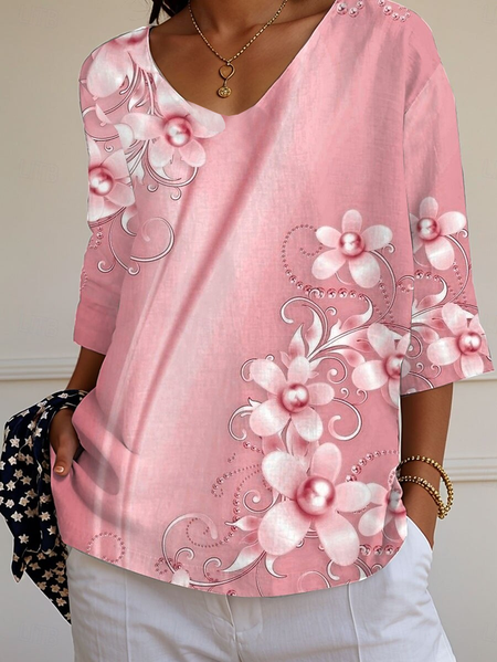 

Women Floral Three Quarter Sleeve Tee T-shirt V Neck Printing Casual Graphic Tee Spring/Fall Top, Pink, T-Shirts
