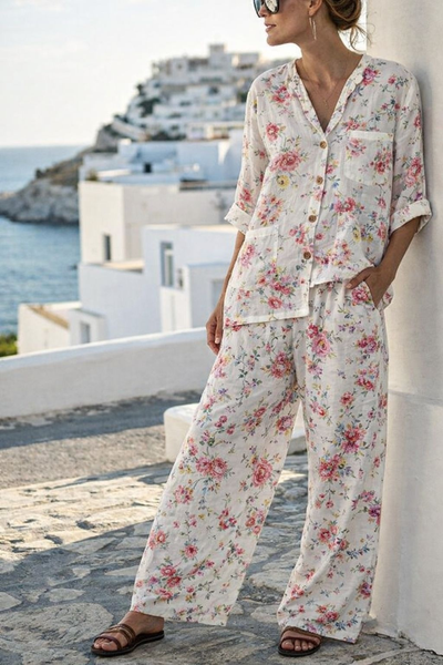 

Women Plain Two-Piece Set Daily Half Sleeve Vintage Summer Top With Pants Matching Set, Pink, Sets