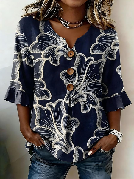 

V Neck Half Sleeve Floral Regular Regular Fit Blouse For Women, Navyblue, Blouses