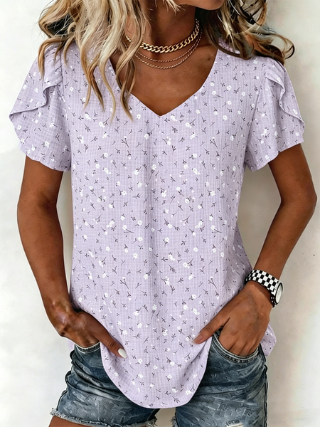 

Women Floral V Neck Short Sleeve Shirt Elegant Daily Summer Top, Purple, Blouses