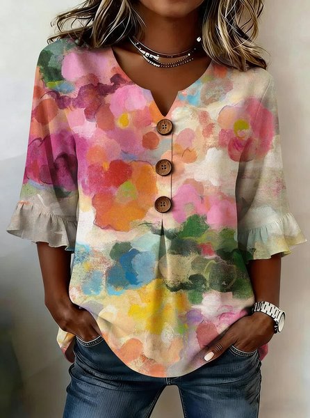 

Half Sleeve Floral Lightweight Loose Shirt For Women, As picture, Blouses