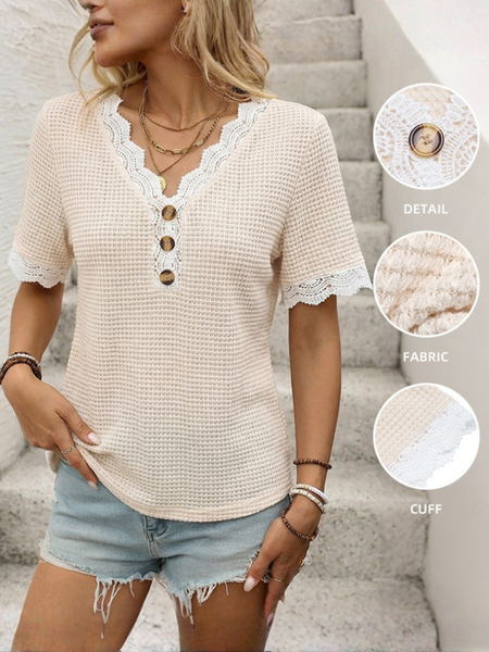 

Women Plain Short Sleeve Tee T-shirt V Neck Jacquard Casual Summer Top, Apricot, T-Shirts