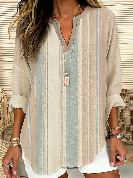

Women Striped V Neck Long Sleeve Blouse Printing Casual Daily Spring/Fall Top, Khaki, Blouses