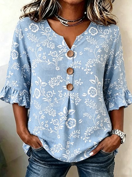 V Neck Half Sleeve Floral Regular Regular Fit Blouse For Women