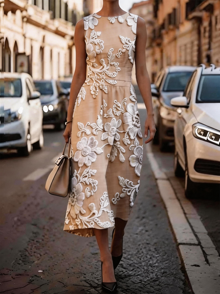 

Women Floral Summer Dress Sleeveless A-Line Dress, Khaki, Dresses