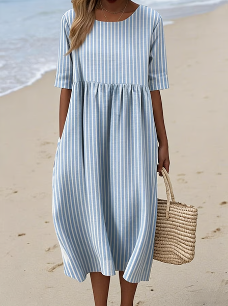 

Women Striped Summer Dress Crew Neck Half Sleeve A-Line Dress, Blue, Dresses