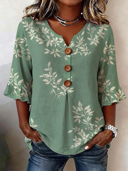 

V Neck Half Sleeve Floral Printing Regular Micro-Elasticity Regular Fit Blouse For Women, Green, Blouses