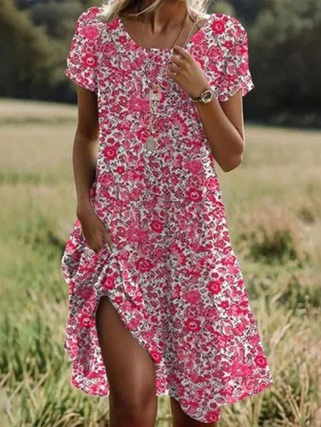 

Women Floral Summer Dress Crew Neck Short Sleeve Tunic H-Line Dress, Pink, Dresses