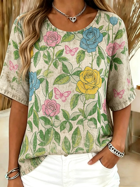 Vintage Floral Crew Neck Short Sleeve T-shirt