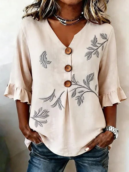 

Women Plants V Neck Half Sleeve Blouse Printing Vintage Daily Summer Top, Apricot, Blouses