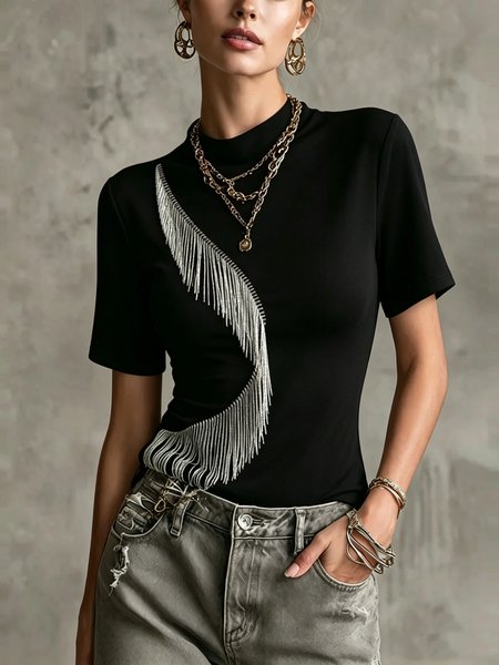 

Cotton Urban Plain Tassel Crew Neck T-shirt, Black, Tees