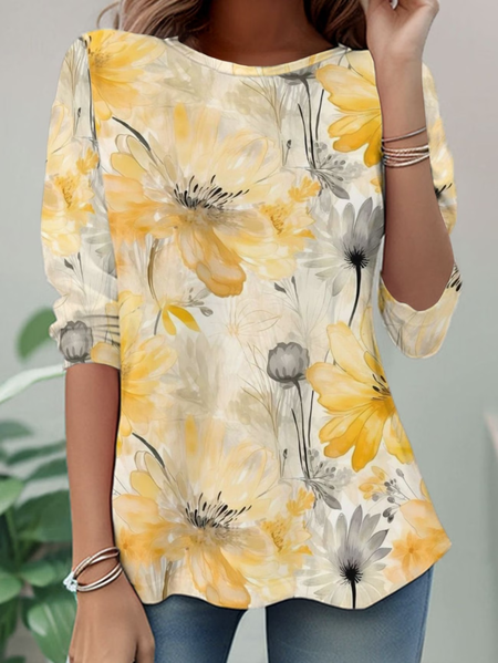 Casual Floral Crew Neck Long Sleeve T-shirt