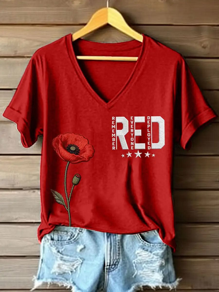 

Casual Floral V Neck Short Sleeve T-shirt, Red, T-shirts