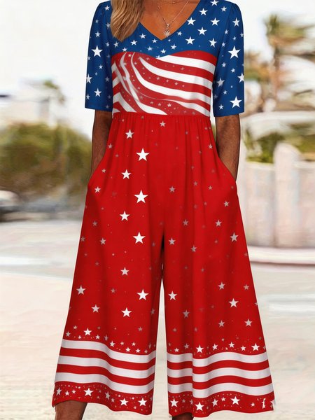 

Women Striped V Neck Half Sleeve Vintage Summer Jumpsuit, Color2, Jumpsuits&Rompers