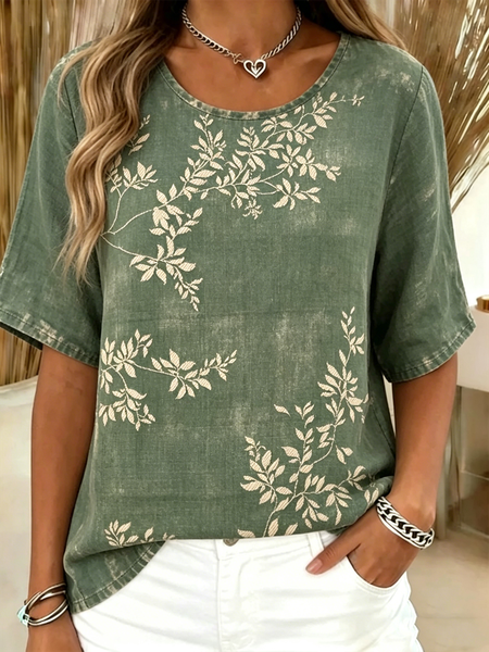 Vintage Botanical Pattern Crew Neck Short Sleeve T-shirt