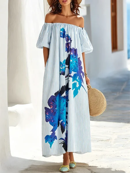 Vacation Striped Printing Cold Shoulder Maxi Dress