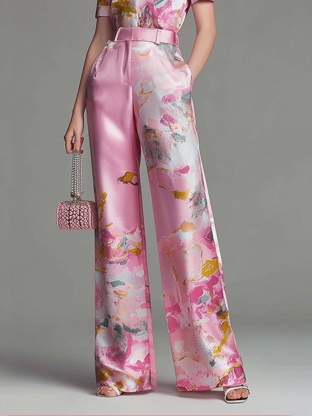 

Elegant Random Print Printing Wide Leg Pants, Pink, Pants