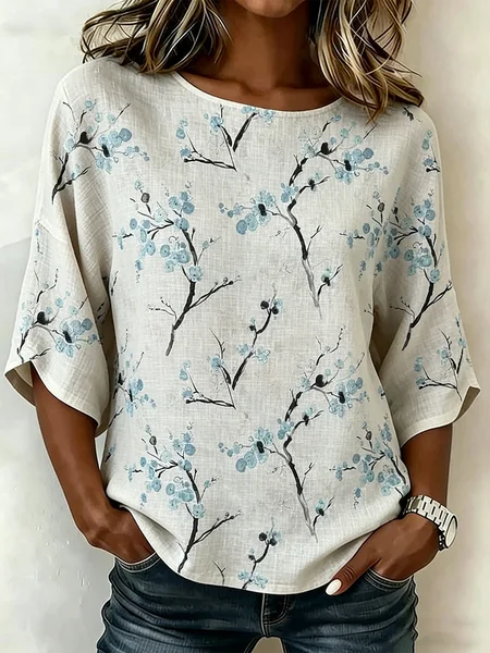 

Crew Neck Half Sleeve Floral Lightweight Loose Shirt For Women, Light gray, Blouses