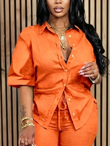 

Cotton Casual Plain Buttoned Shirt Collar Shirt, Orange, Blouses and Shirts