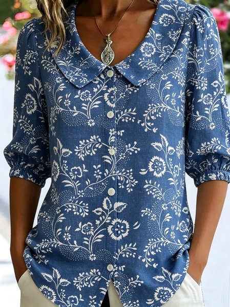 

Shawl Collar Half Sleeve Floral Regular Loose Shirt For Women, Denim blue, Shirts