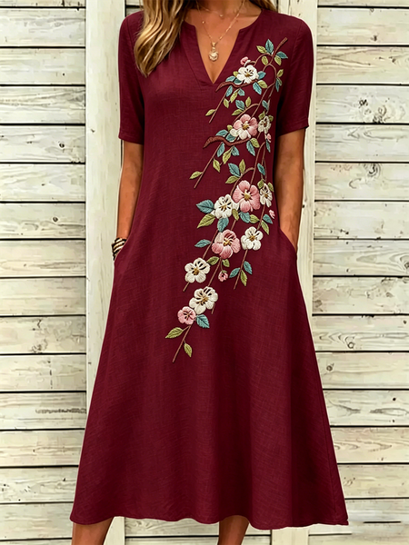 

Women Floral Summer Dress Short Sleeve A-Line Dress, Wine red, Dresses