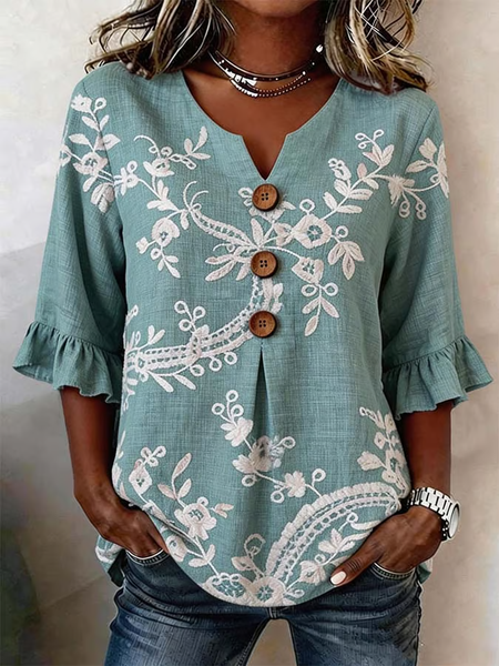 

Women Floral V Neck Half Sleeve Blouse Printing Vintage Daily Summer Top, Blue, Blouses