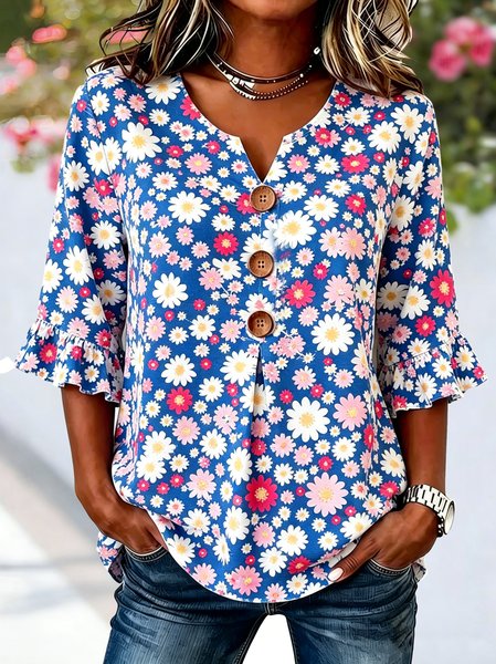 

V Neck Half Sleeve Floral Regular Regular Fit Blouse For Women, As picture, Blouses