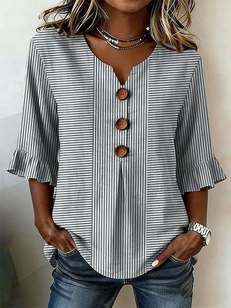 

V Neck Half Sleeve Striped Printing Regular Micro-Elasticity Regular Fit Blouse For Women, Gray, Blouses