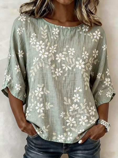 

Crew Neck Half Sleeve Floral Printing Regular Micro-Elasticity Regular Fit Blouse For Women, As picture, Blouses