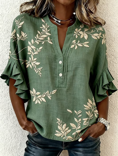 

V Neck Half Sleeve Floral Regular Loose Shirt For Women, Green, Blouses