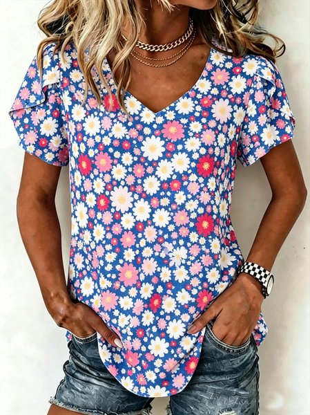 

V Neck Short Sleeve Floral Regular Micro-Elasticity Loose Blouse For Women, Blue, T-shirts