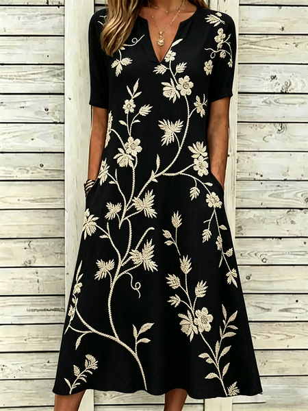 Women Floral Summer Dress Short Sleeve A-Line Dress