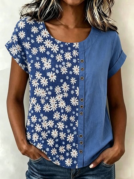 

Crew Neck Short Sleeve Floral Regular Loose Blouse For Women, Blue, Blouses
