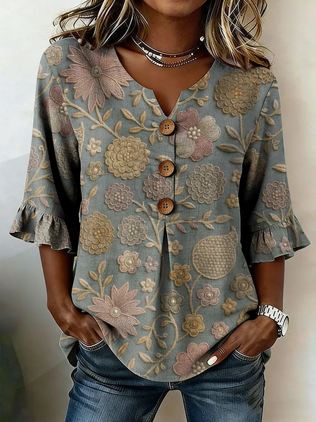

V Neck Half Sleeve Floral Printing Regular Micro-Elasticity Regular Fit Blouse For Women, As picture, Blouses